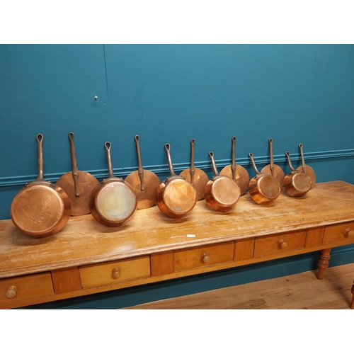 412 - Exceptional quality set of six early 20th C. French Demuynck copper lidded saucepans with metal hand... 