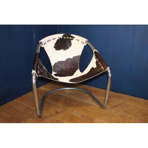 413 - Set of six Retro cowhide and chrome tub chairs {H 68cm x W 64cm x D 50cm }.