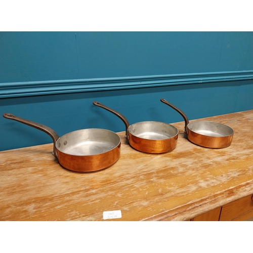 420 - Set of  three good quality early 20th C. French Demuynck copper saucepans {14 cm H x 38 cm W x 20 cm... 