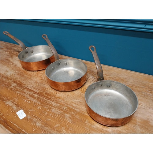 420 - Set of  three good quality early 20th C. French Demuynck copper saucepans {14 cm H x 38 cm W x 20 cm... 