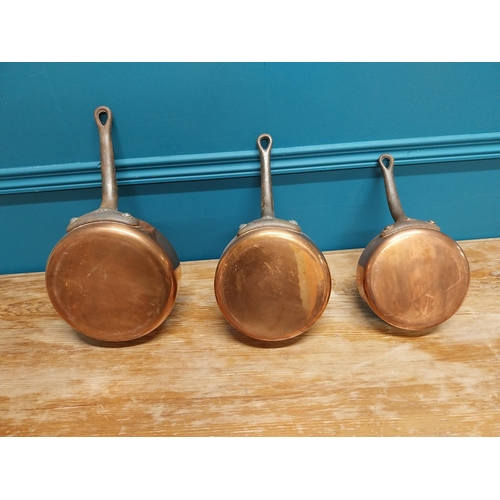 420 - Set of  three good quality early 20th C. French Demuynck copper saucepans {14 cm H x 38 cm W x 20 cm... 