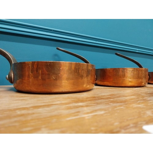 420 - Set of  three good quality early 20th C. French Demuynck copper saucepans {14 cm H x 38 cm W x 20 cm... 