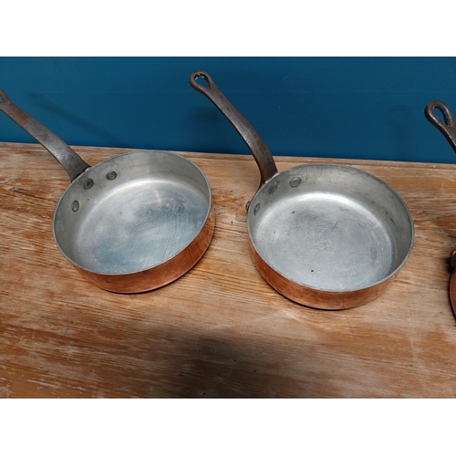 420 - Set of  three good quality early 20th C. French Demuynck copper saucepans {14 cm H x 38 cm W x 20 cm... 