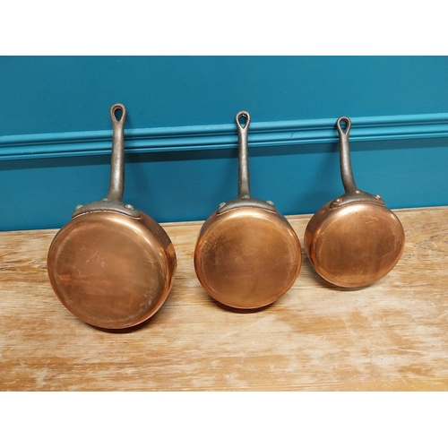 420 - Set of  three good quality early 20th C. French Demuynck copper saucepans {14 cm H x 38 cm W x 20 cm... 