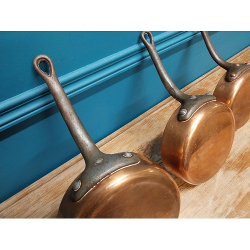 420 - Set of  three good quality early 20th C. French Demuynck copper saucepans {14 cm H x 38 cm W x 20 cm... 