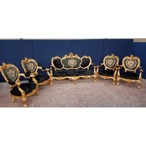 428 - Giltwood five piece suite comprising one sofa and four chairs black and green velvet with centre flo... 