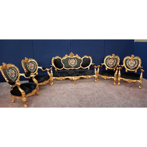 428 - Giltwood five piece suite comprising one sofa and four chairs black and green velvet with centre flo... 