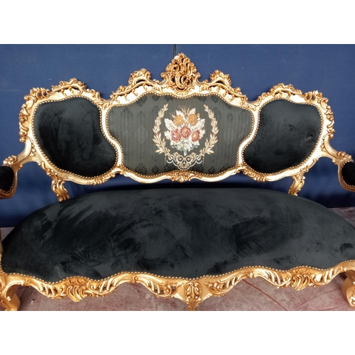 428 - Giltwood five piece suite comprising one sofa and four chairs black and green velvet with centre flo... 