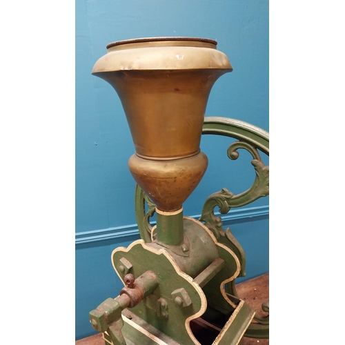 5 - Good quality early 20th C. cast iron and brass coffee grinder {88 cm H x 58 cm W x 52 cm D}.