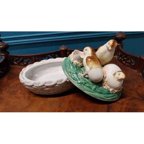 50 - Early 20th C. hand painted ceramic egg basket decorated with hatching chicks {17 cm H x 20 cm W x 15... 