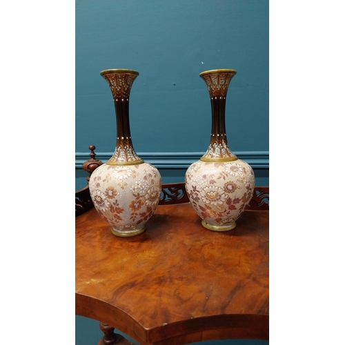 51 - Pair of 19th C. hand painted Royal Doulton stoneware vases {26 cm H x 11 cm Dia..}.