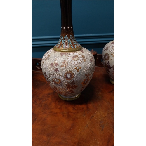 51 - Pair of 19th C. hand painted Royal Doulton stoneware vases {26 cm H x 11 cm Dia..}.