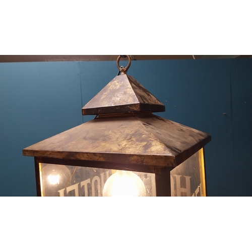 6 - Good quality brass etched glass lantern HOTEL {64 cm H x 40 cm W x 40 cm D}.