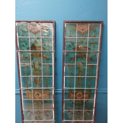 684 - Pair of good quality 19th C. stained glass windows in the Grecian style {178 cm H x 38 cm W}.