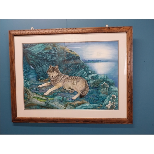 685 - Mythical Wolf watercolour mounted in oak frame {74 cm H x 94 cm W}.