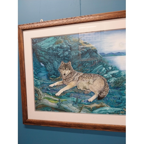 685 - Mythical Wolf watercolour mounted in oak frame {74 cm H x 94 cm W}.