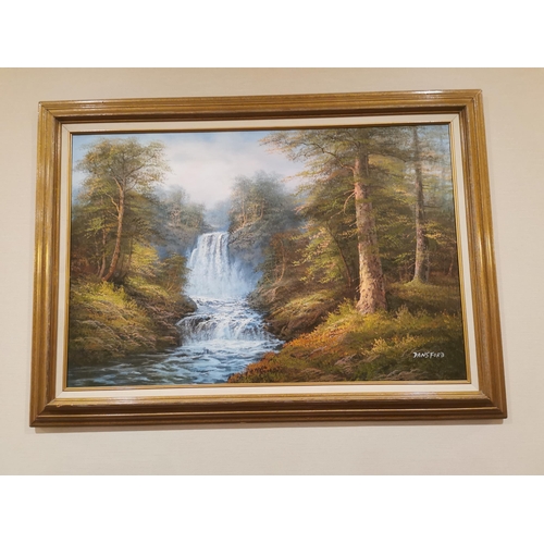 688 - Dansdord Waterfall scene oil on canvas mounted in gilt frame {79 cm H x 106 cm W}