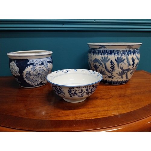 703 - Three pieces of blue and white Oriental ceramic bowls. {15 cm H x 20 cm Dia.}, {17 cm H x 16 cm Dia.... 