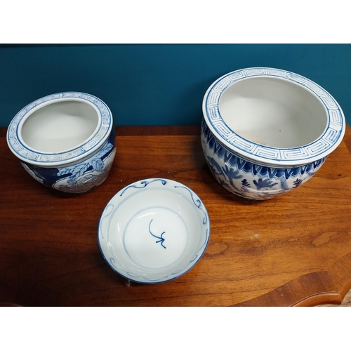 703 - Three pieces of blue and white Oriental ceramic bowls. {15 cm H x 20 cm Dia.}, {17 cm H x 16 cm Dia.... 