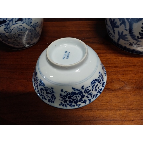 703 - Three pieces of blue and white Oriental ceramic bowls. {15 cm H x 20 cm Dia.}, {17 cm H x 16 cm Dia.... 