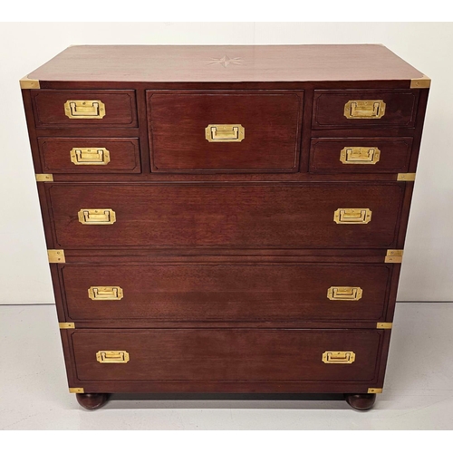 78 - Exceptional quality walnut chest of drawers with brass mounts and handles in the campaign style {105... 