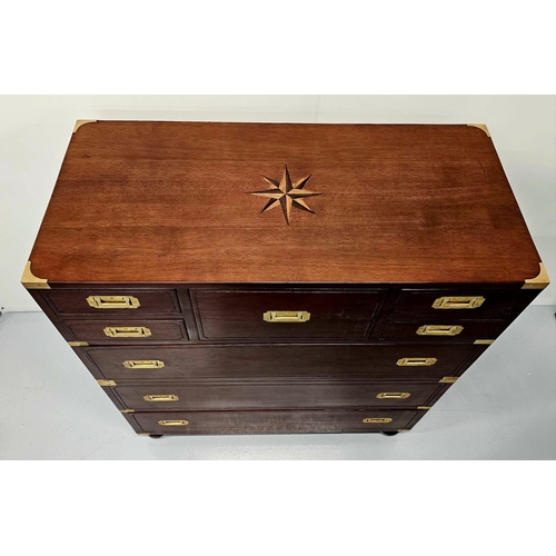 78 - Exceptional quality walnut chest of drawers with brass mounts and handles in the campaign style {105... 