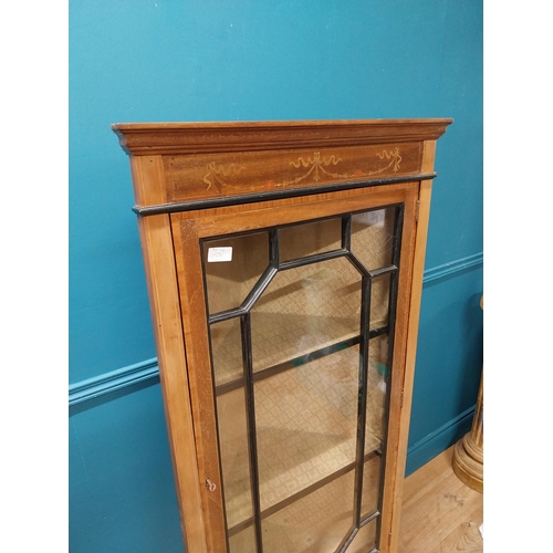 80 - Edwardian mahogany and satinwood inlaid corner cabinet with astra glazed door raised on square taper... 