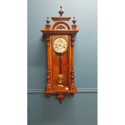 82 - Victorian walnut Vienna wall clock with brass and enamel dial with spring driven works {130 cm H x 4... 