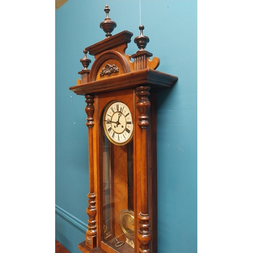 82 - Victorian walnut Vienna wall clock with brass and enamel dial with spring driven works {130 cm H x 4... 