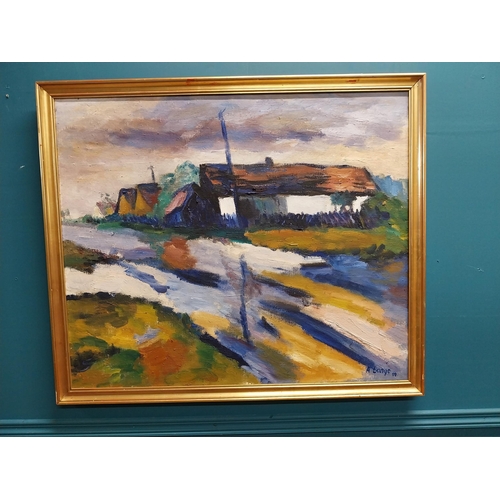 84 - Oil on canvas Landscape mounted in gilt frame signed A. Lange 89 {80 cm H x 92 cm W}.