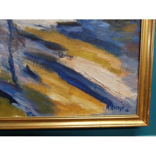 84 - Oil on canvas Landscape mounted in gilt frame signed A. Lange 89 {80 cm H x 92 cm W}.