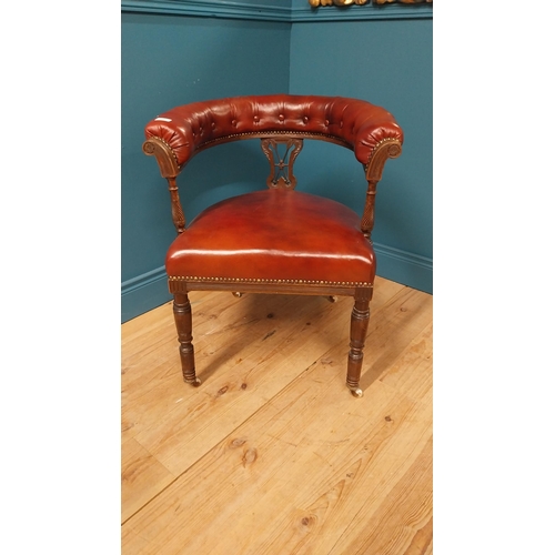 90 - Good quality Edwardian mahogany desk chair with leather upholstered seat raised on turned legs and b... 