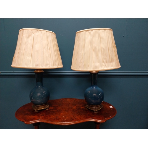 94 - Pair of bronze and ceramic onion table lamps in the Oriental style with cloth shades {70 cm H x 32 c... 