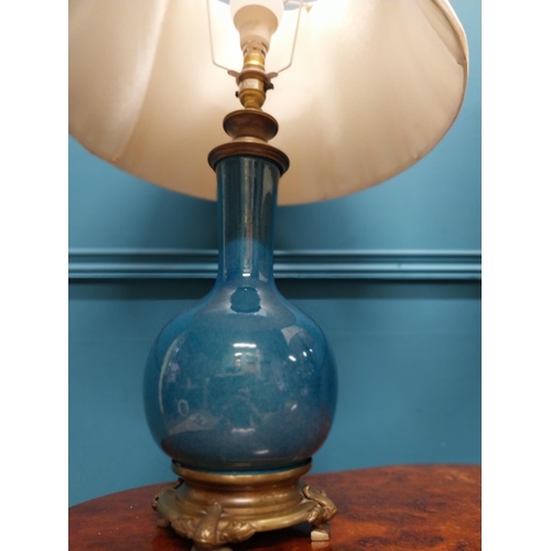 94 - Pair of bronze and ceramic onion table lamps in the Oriental style with cloth shades {70 cm H x 32 c... 