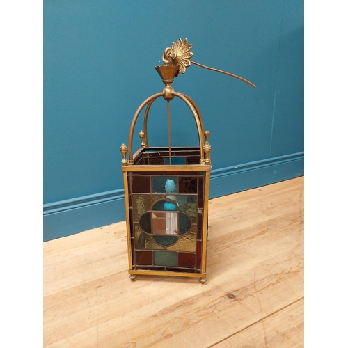 96 - Good quality 19th C. brass hall lantern with leaded glass panels {67 cm H x 24 cm W x 24 cm D}.