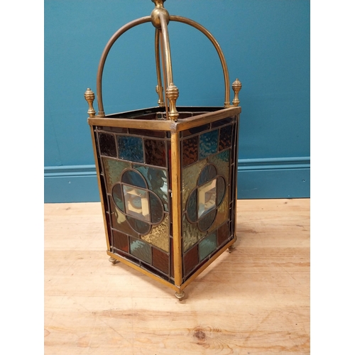 96 - Good quality 19th C. brass hall lantern with leaded glass panels {67 cm H x 24 cm W x 24 cm D}.