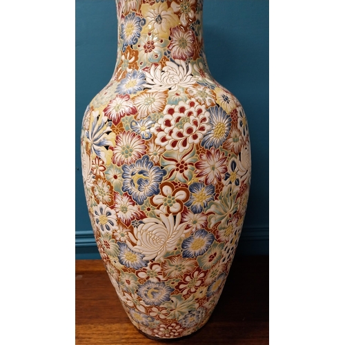 115 - Early 20th C. hand painted ceramic Oriental vase decorated with Lotus flowers {69 cm H x 30 cm Dia.}... 