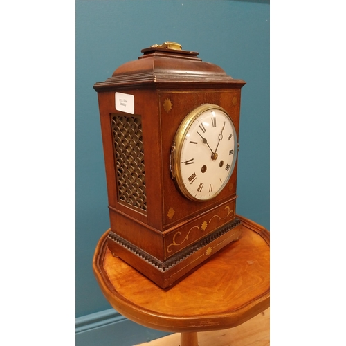 116 - Good quality Edwardian mahogany and brass inlaid bracket clock with enamel dial in the Regency style... 