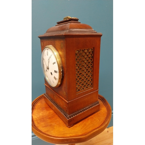 116 - Good quality Edwardian mahogany and brass inlaid bracket clock with enamel dial in the Regency style... 