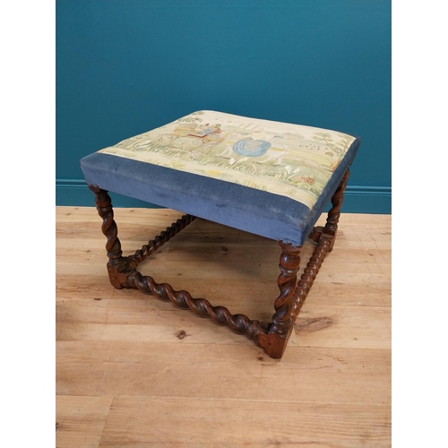 117 - Victorian walnut over sized stool with upholstered tapestry seat raised on barley twist legs {50 cm ... 