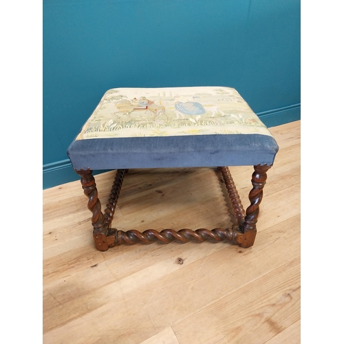 117 - Victorian walnut over sized stool with upholstered tapestry seat raised on barley twist legs {50 cm ... 