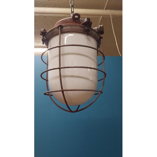 15 - 1940s Industrial metal lantern with opaline glass shade {42 cm H x 26 cm Dia.}.