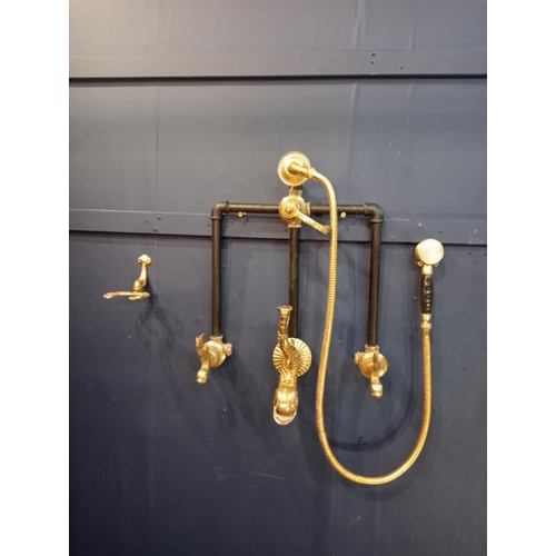 153 - Electroplated gold swag shower tap set with matching toothbrush holder depicting koi fish {H 60cm x ... 