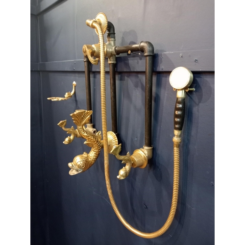 153 - Electroplated gold swag shower tap set with matching toothbrush holder depicting koi fish {H 60cm x ... 