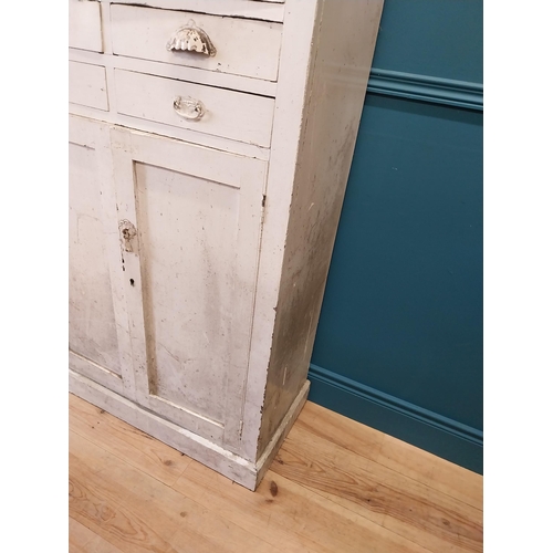 164 - Early 20th C. painted pine kitchen cupboard with four short drawers and four panelled doors {193 cm ... 