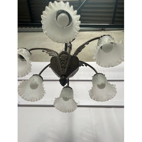 3 - Six branch bronze chandelier with frosted fluted shades  {H 69cm x Dia 55cm }.