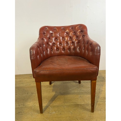 169 - Hand dyed leather deep buttoned tub chair raised on square tapered legs {H 80cm x W 62cm x D 47cm }.