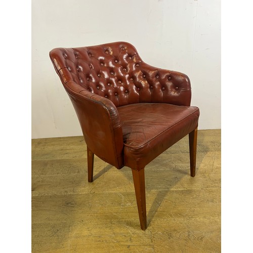 169 - Hand dyed leather deep buttoned tub chair raised on square tapered legs {H 80cm x W 62cm x D 47cm }.