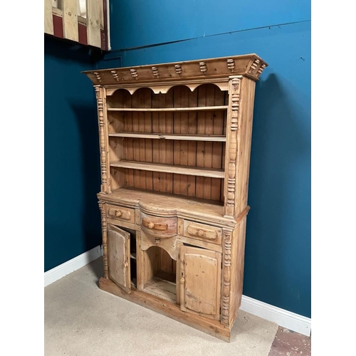 129 - 19th C. Irish Stripped pine kitchen dresser. Three drawers in the frieze above two blind doors {200c... 