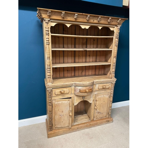 129 - 19th C. Irish Stripped pine kitchen dresser. Three drawers in the frieze above two blind doors {200c... 